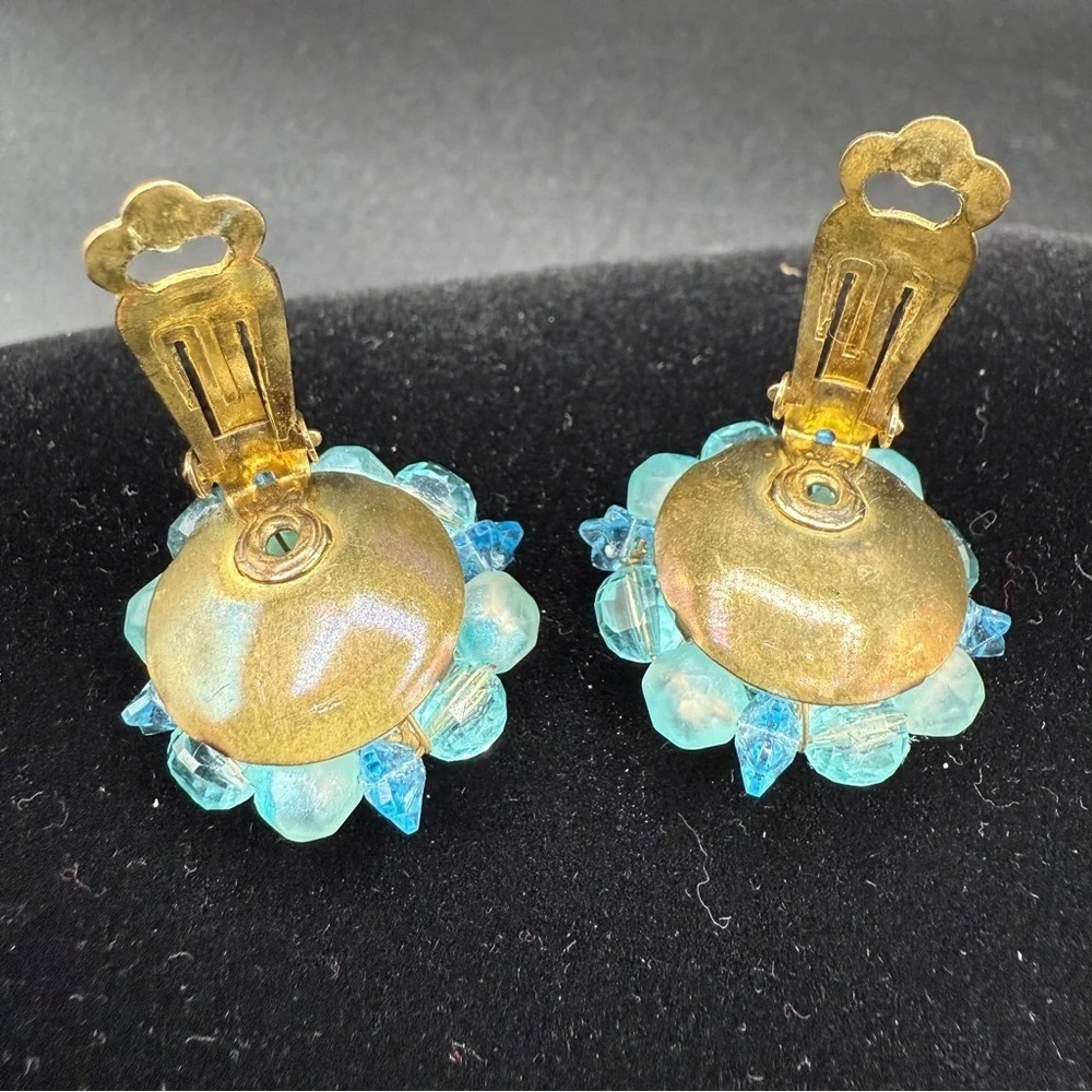 Vintage West Germany Signed 1950s Blue Cluster Earrings - Clip On